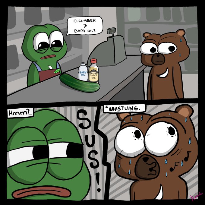 A four-panel comic featuring a frog asking a bear about cucumber and baby oil, ending with the frog saying "SUS!" while the bear nervously whistles.