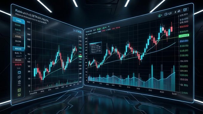 A futuristic dual-monitor trading setup displays cryptocurrency price charts with candlestick patterns, volume bars, and trading indicators in a dark, neon-lit environment.