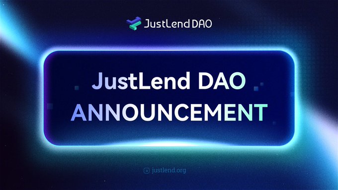 A JustLend DAO announcement graphic featuring the platform's logo and name in glowing neon blue text against a dark background, promoting the launch of SBM V2 and the U Market update as referenced in the post.