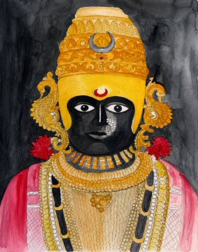 A colorful painted portrait of the Hindu deity Vitthal, depicted with a dark face, golden crown, and traditional jewelry against a dark background.