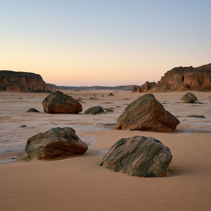 A serene desert landscape at sunset with large boulders scattered across sandy terrain and rocky cliffs in the distance.