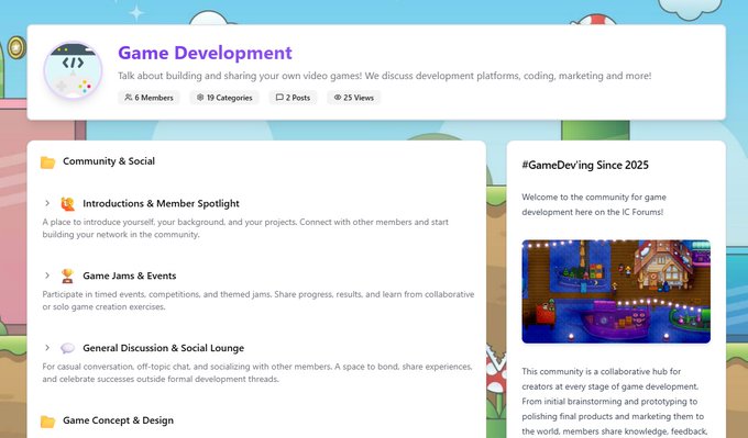 A screenshot of a 'Game Development' community page with 6 members, 19 categories, and 2 posts, featuring subforums like 'Community & Social' and '#GameDev'ing Since 2025' alongside pixel art images.