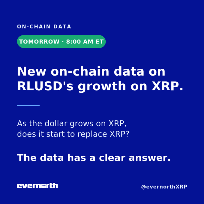 The image is a promotional graphic from Evernorth (@evernorthXRP) teasing an upcoming "On-Chain Data" release scheduled for tomorrow at 8:00 AM ET, featuring new analysis on RLUSD's growth on XRP and whether the dollar is replacing XRP as the ecosystem expands. The design uses a dark blue background with green accent badges and white text, matching the post's teaser about forthcoming on-chain insights.