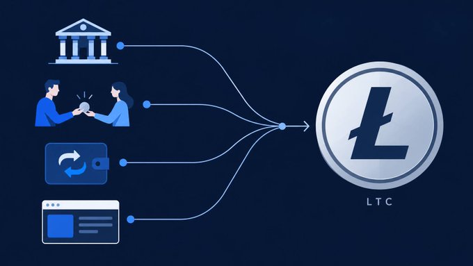 An infographic on a dark blue background illustrates Litecoin (LTC), showing icons of a bank, a coin exchange, a digital wallet, and a browser window connecting to a large Litecoin coin.