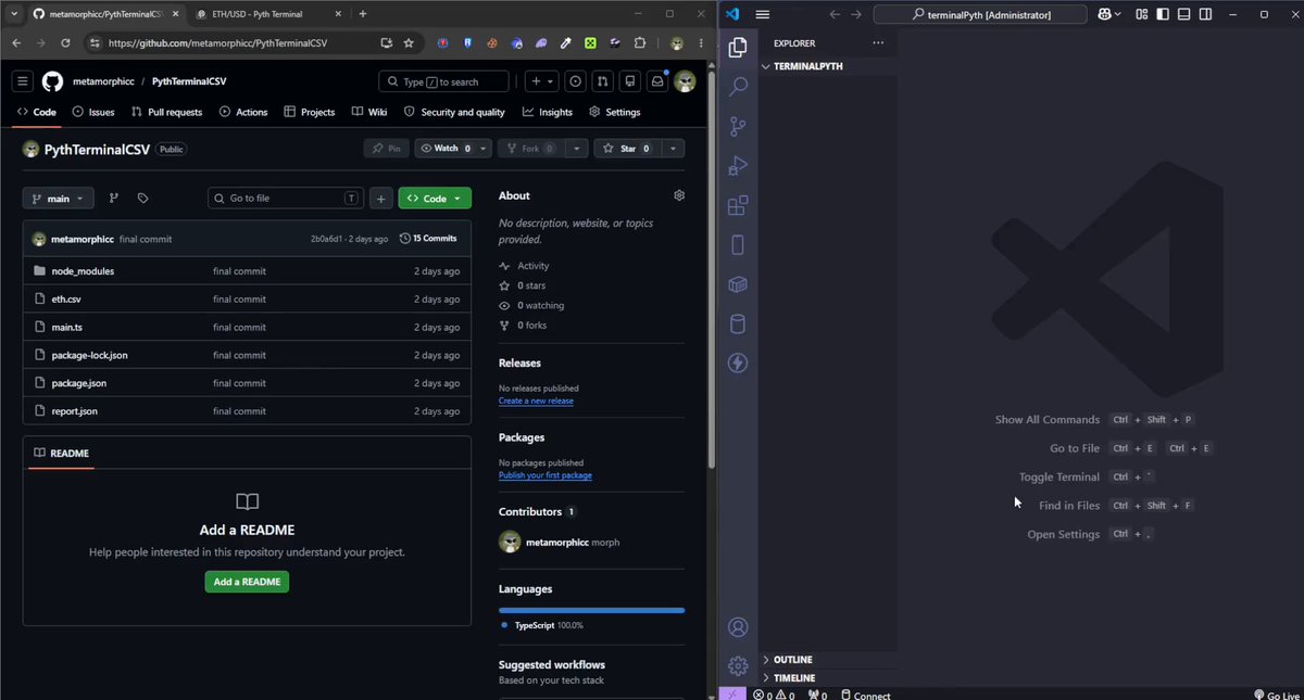 The image displays a two-paned window with two different programs open side by side. The top program appears to be a browser, while the bottom program seems to provide code for analyzing price feeds. On the left side of the screen, there's a dark gray background and text that reads "My friend built a tool to analyze 3,000+ price feeds on Polymarket without using an API Bloomberg Terminal costs $120k/year for access to market data Meanwhile, Pyth opened access to 3,000+ price feeds for everyone Now anyone can turn market data into their own tools". The two programs are displayed in the right and left corners of the image, respectively.