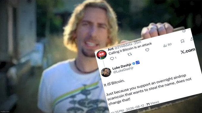 A meme featuring a blonde man in the background, overlaid with screenshots of tweets from Ant (@2140data) and Luke Dashjr (@LukeDashjr) discussing 'Bitcoin is Bitcoin'.