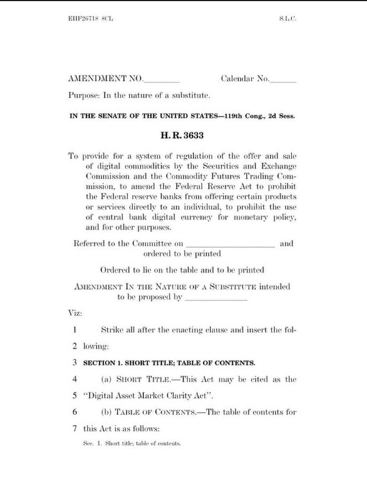 The image shows the first page of an amendment to H.R. 3633, titled the "Digital Asset Market Clarity Act," introduced in the Senate during the 119th Congress, 2d Session as a substitute amendment. The text begins with Section 1 establishing the short title and table of contents, directly relating to the post's claim of an updated Republican version of the Clarity Act aimed at regulating digital commodities and prohibiting a central bank digital currency.