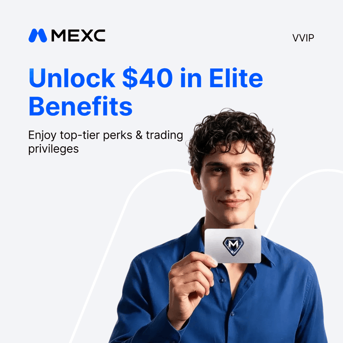 A young man in a blue shirt holds up an MEXC membership card featuring the platform's "M" logo. The promotional banner displays the MEXC brand and "VVIP" designation alongside text reading "Unlock $40 in Elite Benefits" and "Enjoy top-tier perks & trading privileges," visually reinforcing the post's offer of upgraded VVIP Elite status with exclusive trading advantages.