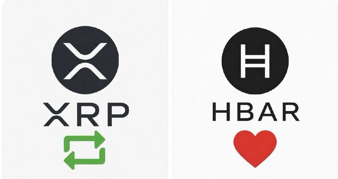Side-by-side comparison of two cryptocurrency logos: XRP (with a green exchange/refresh icon below) and HBAR (with a red heart icon below).