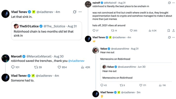 A screenshot of X (Twitter) showing Robinhood CEO Vlad Tenev (@vladtenev) actively engaging with crypto enthusiasts in replies, including brief responses like "Let that sink in." and "Someone had to." to posts praising Robinhood chain's support for memecoins and "saving the trenches," with one reply garnering 9.2K views and 265 likes.