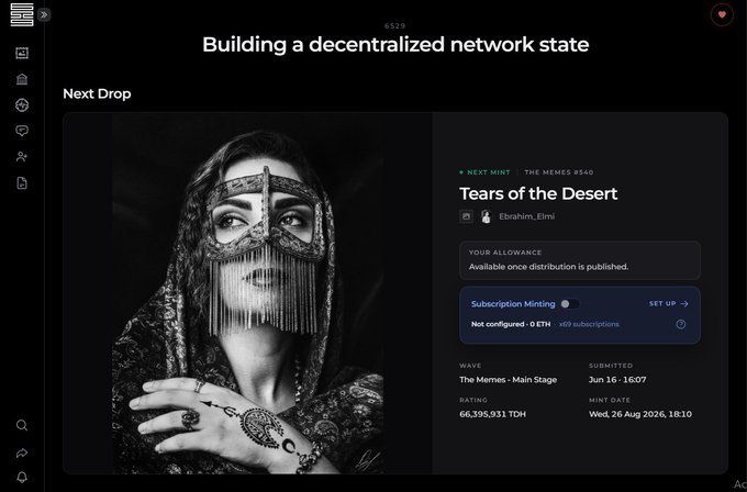 A user celebrates appearing on 6529Collections' website, showing the "Building a decentralized network state" page featuring a "Next Drop" of "Tears of the Desert" by Ebrahim Elmi from THE MEMES #540, with their allowance confirmed available.