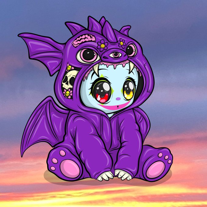 A digital illustration of a cute character wearing a purple dragon/dinosaur onesie with wings and horns, sitting against a sunset sky background.