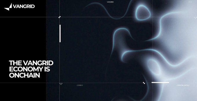 A dark blue graphic with abstract, glowing white shapes, featuring the VANGRID logo and the text "THE VANGRID ECONOMY IS ONCHAIN".