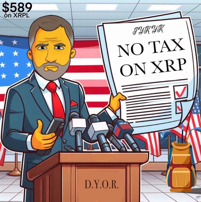 The image features a cartoon character dressed as a businessman, standing behind a podium with a microphone, holding a paper that reads "NO TAX ON XP". The background of the image includes an American flag and a backpack, suggesting a setting related to the topic of discussion in the image.
