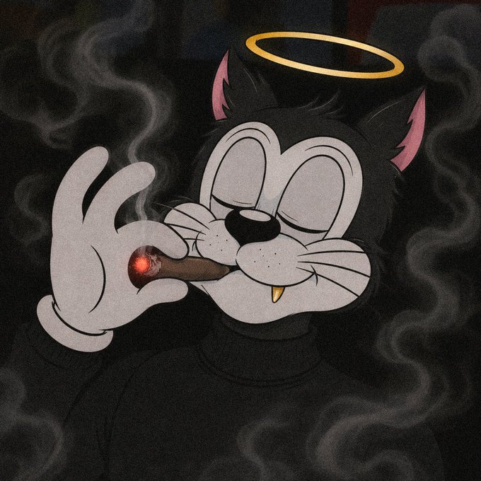 A cartoon cat with a golden halo, devil horns, and a fang smokes a glowing cigar surrounded by swirling smoke. The image playfully references "Toonzday," a day dedicated to classic animated characters, by giving this wholesome, traditionally innocent cartoon character a mischievous, devilish twist.