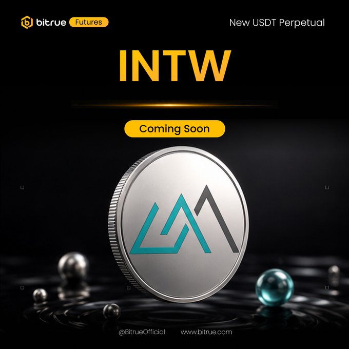 Bitrue Futures announces the imminent launch of the $INTW USDT Perpetual, featuring Leveraged exposure to Intel (#NASDAQ: $INTC). The image promotes this new trading option by showcasing the ticker "INTW" prominently alongside a graphical representation of the underlying asset.