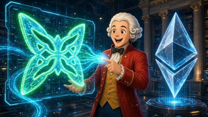 A digital illustration of an 18th-century-styled man in a red coat gesturing excitedly toward a glowing green holographic butterfly, with a glowing Ethereum logo beside him.