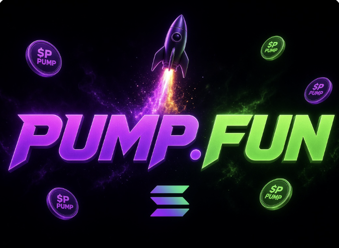 A promotional graphic for 'PUMP.FUN' featuring a purple and green rocket ship, floating '$P PUMP' tokens, and the Solana symbol on a dark space background.
