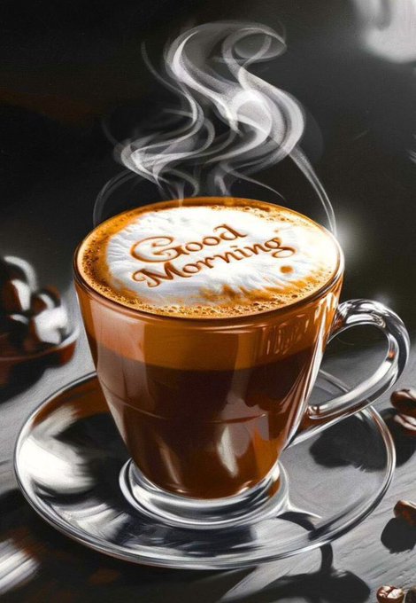 A glass cup of steaming coffee with "Good Morning" written in latte art on the foam.