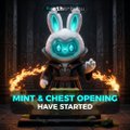 The image shows an animated blue bunny character with crossed swords standing in flames, with text reading "MINT & CHEST OPENING HAVE STARTED." It serves as a promotional graphic for the chest minting and opening process described in the guide, highlighting the Robin Chest collection available on OpenSea, which can be minted, bought on the secondary market, and burned to reveal $BUBU token allocations.