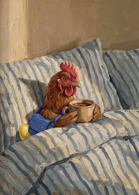 A digital painting of a brown hen wearing blue overalls sitting on a striped couch, holding a beige mug of coffee.