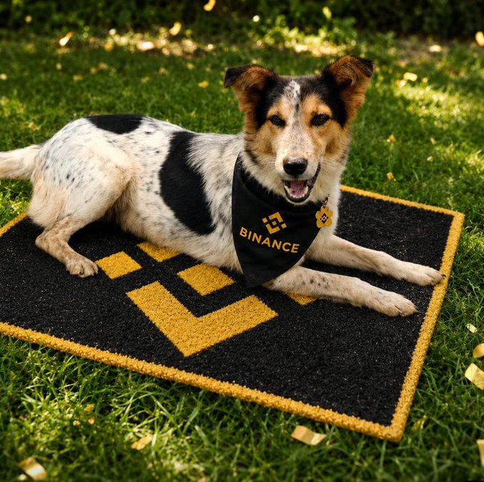 A happy dog lies on a black and yellow mat featuring the Binance logo, wearing a matching bandana with "BINANCE" printed on it, celebrating International Dog Day with a branded touch.