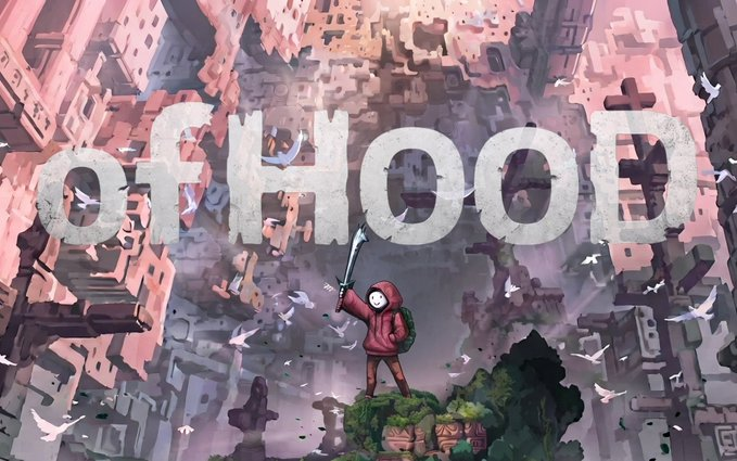 Stylized artwork with the word 'OFHOOD' in large concrete-like letters above a small hooded figure holding a sword, overlooking a sprawling pink and gray city.