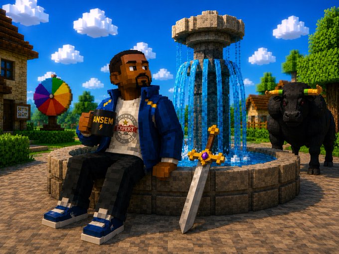 A Minecraft-style scene shows a character with an 'ANSEM EXPERT' shirt sitting on a fountain, next to a black creature and a sword.