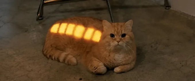 An orange tabby cat rests on a concrete floor with patches of warm sunlight creating striped shadows across its body, looking calmly toward the camera beneath a metal chair.