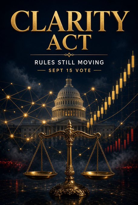 The image is a dramatic graphic featuring the U.S. Capitol dome beneath the gold-text title "CLARITY ACT" with the subtitle "RULES STILL MOVING — SEPT 15 VOTE." It also displays a golden scale of justice in the foreground, glowing blockchain/network nodes, and an ascending stock candlestick chart, visually symbolizing the pending Senate procedural vote on September 15 and the intersection of law, regulation, and crypto markets highlighted in the post.