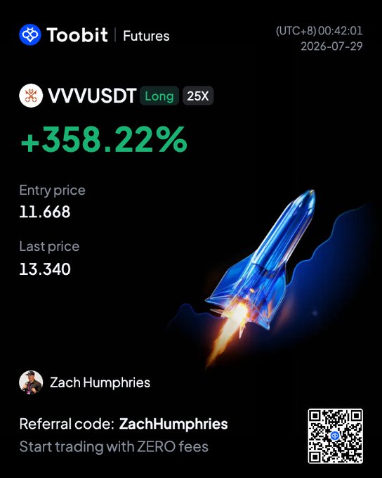 A Toobit Futures trading screenshot showcasing a VVVUSDT long position with 25X leverage that yielded a +358.22% gain, with the entry price at 11.668 and last price at 13.340, reflecting the post's celebration of "$VVV is back cooking." The image is credited to Zach Humphries with his referral code displayed at the bottom.