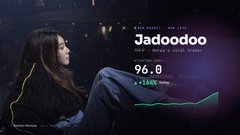 Dark-themed mobile app interface showing a user 'Jadoodoo' with a 96.0 score and +134% change, featuring a stylized female figure on the left side.