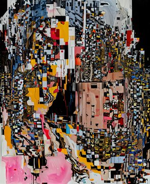 A glitch art-style portrait of a face composed of pixelated, multi-colored geometric fragments.