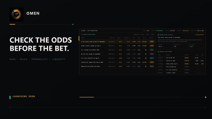 A dark promotional graphic for "OMEN" featuring the tagline "CHECK THE ODDS BEFORE THE BET" alongside an interface mockup showing live condition stats and a "LAUNCHING SOON" banner.