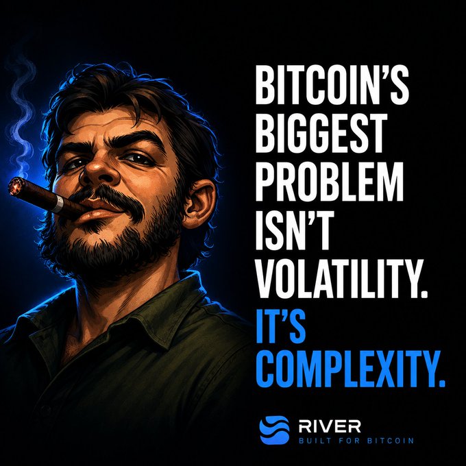 A stylized illustration of a bearded man smoking a cigar appears alongside bold text reading "BITCOIN'S BIGGEST PROBLEM ISN'T VOLATILITY. IT'S COMPLEXITY." with the River logo and tagline "BUILT FOR BITCOIN" at the bottom, visually reinforcing the post's message that complexity—not volatility—is what prevents people from staying with Bitcoin.