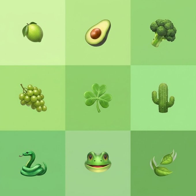 A 3x3 grid of green-themed emoji icons—including a lime, avocado, broccoli, grapes, clover, cactus, snake, frog, and leaves—each set against varying shades of green backgrounds, humorously illustrating the "touch grass" meme through nine virtual green taps.