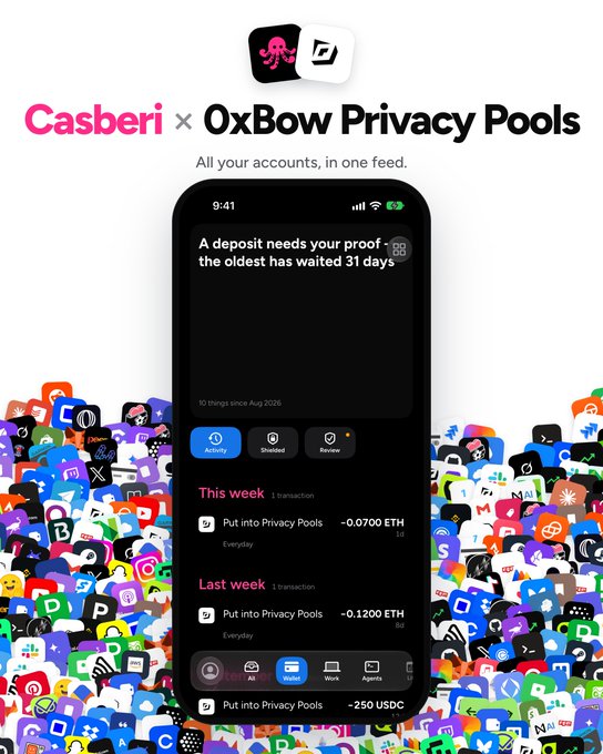 A promotional graphic for "Casberi x 0xBow Privacy Pools" showing a mobile app interface for managing cryptocurrency accounts, including transactions involving ETH and USDC.