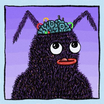 A cartoon illustration of a fuzzy purple monster with large eyes and a pink mouth, revealing a colorful, patterned brain exposed at the crown of its head.