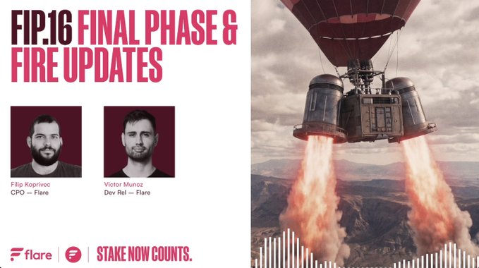 A promotional graphic for "FIP.16 FINAL PHASE & FIRE UPDATES" featuring photos of Flare's Filip Koprivc (CPO) and Victor Muñoz (Dev Rel), alongside a hot air balloon with fiery thrusters shooting flames to the ground, promoting a YouTube replay discussing the FIP.16 hard fork's impact on $FLR holders.