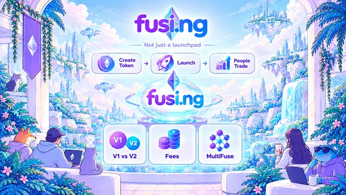 A colorful fantasy-themed promotional graphic for 'fusi.ng' displaying features like 'Create Token', 'Launch', 'People Trade', 'V1 vs V2', 'Fees', and 'MultiFuse'.