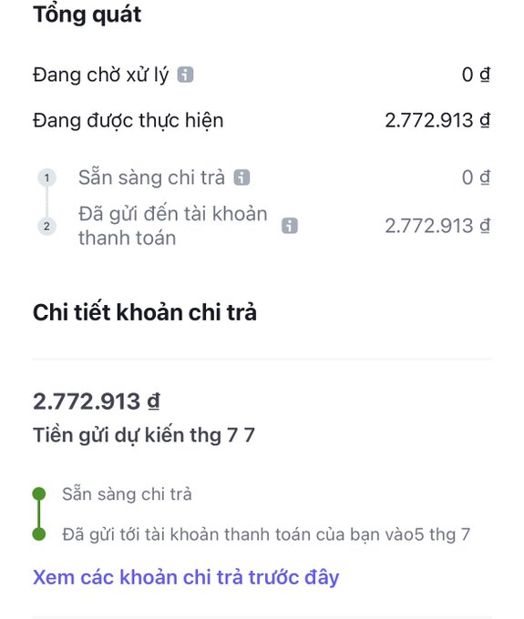 A Vietnamese payment summary screen showing 'Tổng quát' with 'Đang chờ xử lý: 0 đ', 'Đang được thực hiện: 2.772.913 đ', and 'Chi tiết khoản chi trả' of 2.772.913 đ expected on July 7.