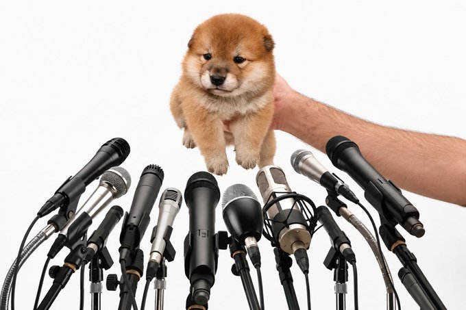 A fluffy red Chow Chow puppy is being held up by a person's hand above a cluster of various microphones arranged on stands against a white background.