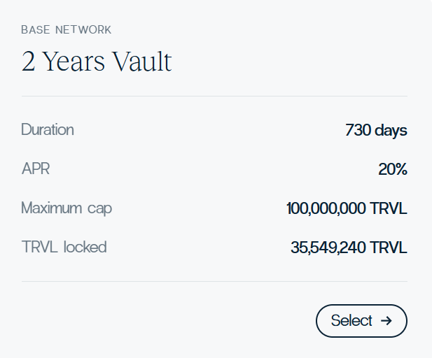 A digital interface for 'BASE NETWORK' displaying a '2 Years Vault' staking option with 730 days duration, 20% APR, 100,000,000 TRVL maximum cap, and 35,549,240 TRVL locked.