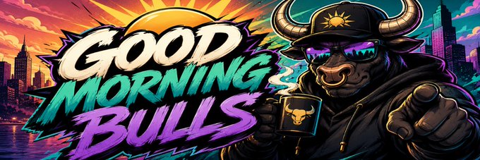 A vibrant banner featuring the text "Good Morning Bulls" alongside an illustrated bull wearing sunglasses and holding a coffee mug, set against a colorful cityscape sunrise. The design captures the bullish crypto community spirit behind the $GM token on Moby.