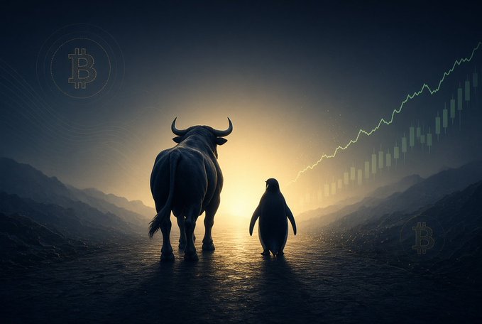 A dramatic illustration depicting a bull and penguin silhouetted against a sunset, with rising price charts and Bitcoin logos, symbolizing cryptocurrency market trends.