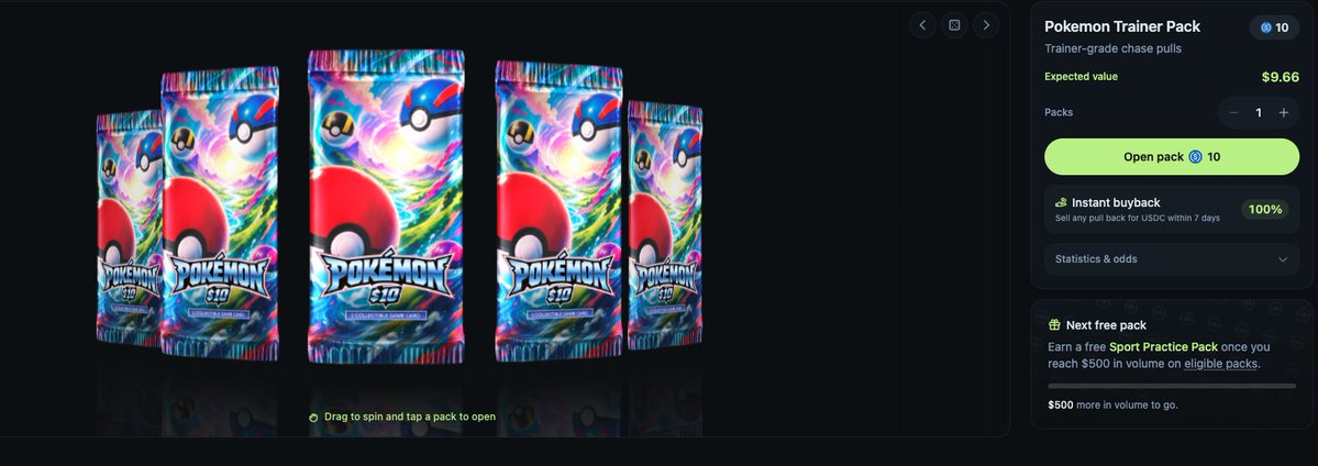 An online store page showing 'Pokemon Trainer Pack' booster packs with Poke Ball artwork, priced at $9.66 expected value with an 'Open pack' button for 10 coins.
