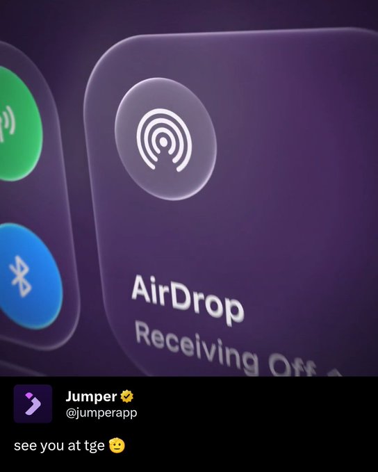 A close-up photo of an iPhone Control Center showing the AirDrop option set to "Receiving On," shared by user @jumperapp with the caption "see you at tge 😉." The image connects to the post by visually symbolizing an incoming airdrop, reinforcing the teased $JUMP token distribution while the user playfully awaits the Token Generation Event (TGE).