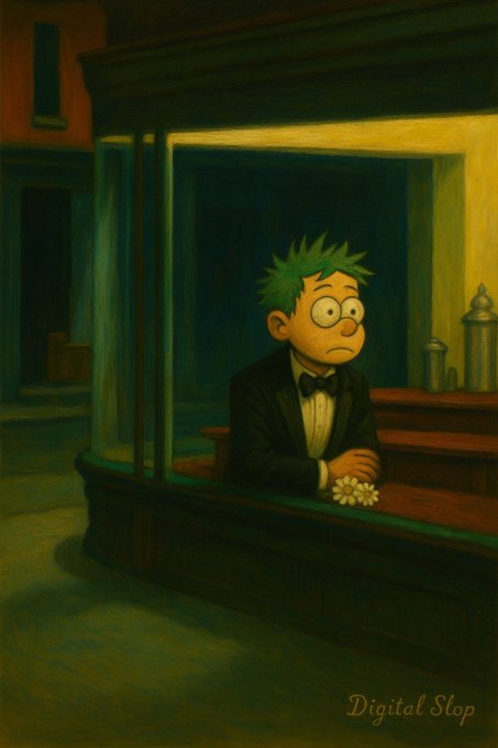 A melancholic cartoon character in a tuxedo stands alone at a dimly lit bar, holding a small flower with a dejected expression, humorously capturing the awkwardness of not knowing how to build excitement for a launch. The watermark "Digital Slop" appears in the lower right corner.