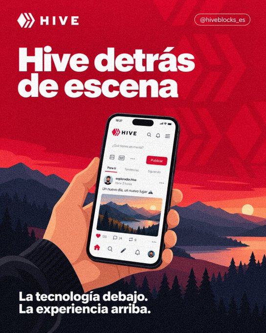 A promotional graphic for Hive blockchain features the text 'Hive detrás de escena' and '@hiveblocks_es', with the tagline 'La tecnología debajo. La experiencia arriba.' It displays an illustrated hand holding a smartphone showing the Hive social media app interface with a mountain landscape post.