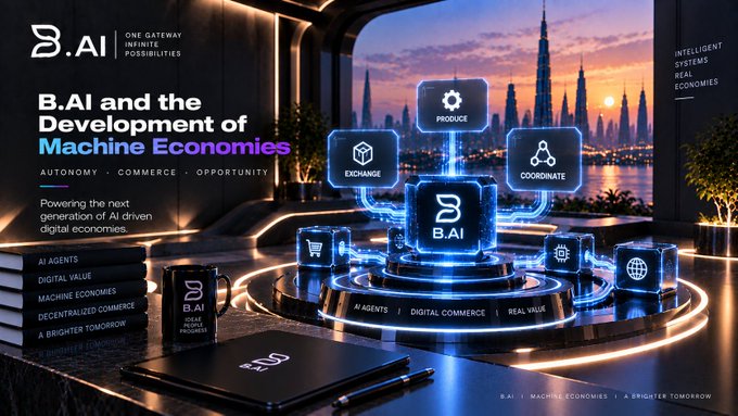 A promotional banner for "B.AI and the Development of Machine Economies" featuring a futuristic cityscape background with glowing cubes labeled Produce, Exchange, Coordinate, and B.AI, emphasizing AI agents, digital commerce, and real value.